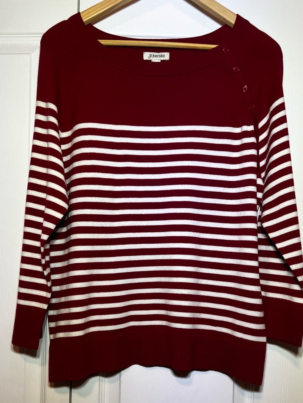 St. John's Bay Red and White Striped Crewneck Sweater with Shoulder Buttons